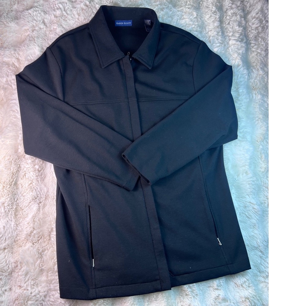 Karen Scott Womens Full Zip Jacket Black Stretch Lightweight Pockets Size L A12
